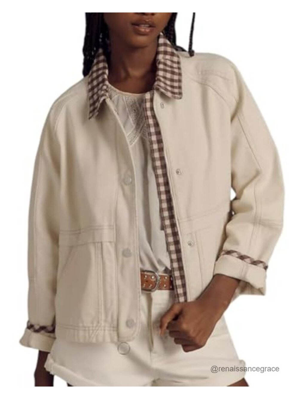 Womens Casual Snap Button Jacket Loose Plaid Cuffs Collar Trendy Coat Pockets